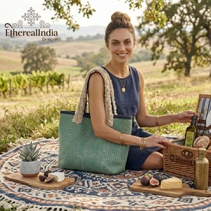 Sac fourre-tout vert artisanal en coton, motif géométrique, sac à bandoulière avec poignée à franges, grand sac fourre-tout bohème, fournisseur en gros, export Inde - Product Image 5