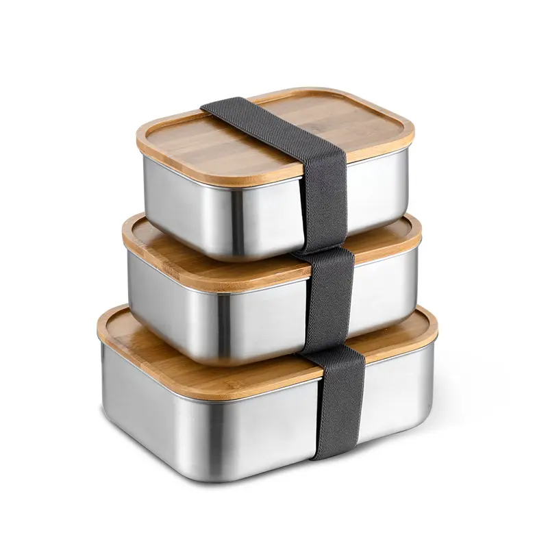 Divided Stainless Steel Snack Container Meat Foods Kids Bento Box Bamboo Lid Stainless Steel Lunch Box Microwave Dishwasher Safe
