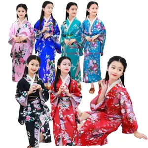 ecowalson Kids Girls Novelty National Japan Kimono Traditional Yukata Dress Satin Silk Luxury Oriental Bath Robe with Obi