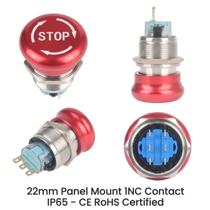 Botón de Parada de Emergencia, Cabeza de Hongo Roja, 22 mm, Contacto 1NC NC, Interruptor de Botón de Seguridad IP65 para Control de Automatización Industrial - Product Image 1