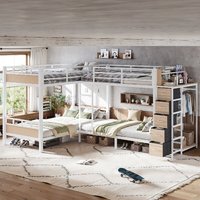 Lit superposé moderne en métal double pour 4 enfants avec rangements, tiroirs, armoire, étagères en tissu, gain de place, OEM