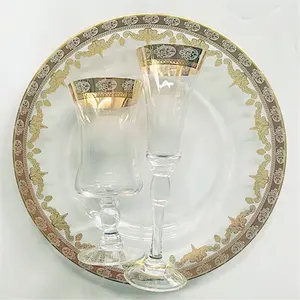 Cheap Wedding Events Party Elegant Gold Rim Wine Glasses and Plate Set