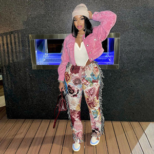 Leggings Casual da <span class=keywords><strong>Donna</strong></span> in <span class=keywords><strong>Velluto</strong></span> a <span class=keywords><strong>Coste</strong></span> con Frange, <span class=keywords><strong>Pantaloni</strong></span> Sovrapposti con Stampa Digitale in Stile Hip Hop - Product Image 4