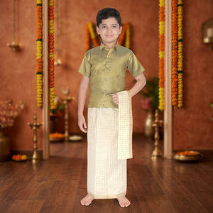 Conjunto de 3 Piezas de Camisa de Seda y Algodón para Niños, Dhoti Angavastram, Ropa Festiva Étnica del Sur de la India, Ropa Tradicional para Niños de 0 a 10 Años - Product Image 2