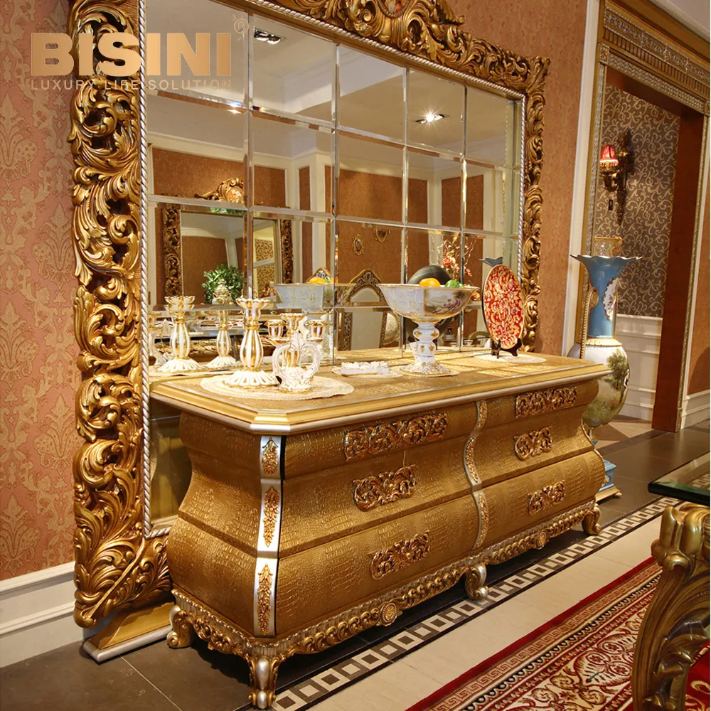 Franse Rococo Stijl Luxe Gouden Houtsnijwerk Buffet Kast Kast/Koninklijk Paleis Huis Versierd Dressoir Kast & Spiegel