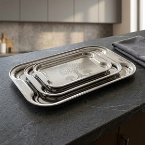 Ensemble de plateaux de service en acier inoxydable, finition métallique polie, durable, usage résidentiel, passe au lave-vaisselle, motif uni - Product Image 4