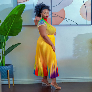 K10386 <span class=keywords><strong>Issey</strong></span> <span class=keywords><strong>Miyake</strong></span> ชุดเสื้อผ้าผู้หญิง2ชิ้นพิมพ์ลายเสื้อยืดแขนสั้นคอกลมชุดกระโปรงมีจีบ - Product Image 3