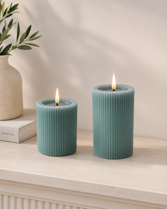 Ribbed Wavy Textured Flame Less LED Candle <b>Paraffin</b> Wax Flickering Fake Flame Lamp Stacked Double Layer Pillar Handmade Scented - Product Image 5