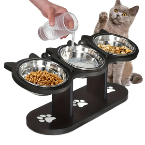 15 açı ayarlanabilir paslanmaz çelik gıda ile 3 kase ahşap yükseltilmiş kedi besleyici standı - Product Image 1