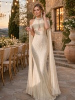 Robe de soirée sirène ivoire perlée à col montant, dos nu, manches cape transparentes, pour soirée formelle, vente en gros