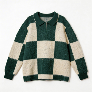 Pull en tricot moelleux à carreaux personnalisé, col polo demi-zip, tricot décontracté à carreaux vert vintage <span class=keywords><strong>pour</strong></span> <span class=keywords><strong>homme</strong></span> - Product Image 2