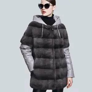 Manteau d'hiver en fourrure de vison véritable pour femmes avec grande capuche zippée Veste en fourrure entière avec manches en duvet détachables