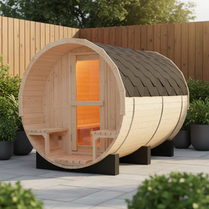 Sauna en baril en pin blanc massif pour 6 personnes - Sauna extérieur pour cour avec véranda spacieuse et résistant aux intempéries - Product Image 1