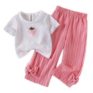 Ropa de Moda para Niña, Linda Camiseta de Manga Corta con Estampado de Fresa 3D, Pantalones Anchos con Lazos, Conjunto de 2 Piezas, Ropa Dulce para Niñas - Product Image 5