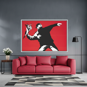 Banksy Flower Thrower <b>Canvas</b> Print: Modern Graffiti Art Decor,WHITE <b>FRAMED</b> <b>CANVAS</b> - Product Image 3