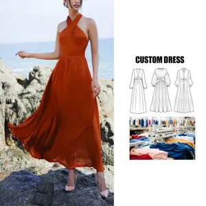 Europe high-end clothing manufacturer Custom 2024 ladies Elegant Fashion halter neck Silk maxi casual formal dress for women