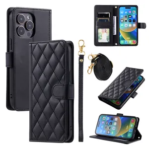 Bolsas de teléfono móvil de cuero con billetera de oveja de lujo para IPhone 15 14 13 Pro Max Strap Diamond Phone Stand Cover