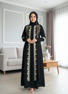 Robe Abaya noire brodée pour femmes, manches longues, longueur au sol, vêtements islamiques modestes, tenue quotidienne, style Moyen-Orient, polyester - Product Image 4