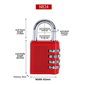 Serrure à code mécanique à 4 chiffres en alliage de zinc pour grande valise, casier de dortoir ou de salle de sport, modèle N824 - Product Image 2