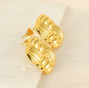 Newest Chunky Twisted Stud Earrings Women Vintage Hypoallergenic 18k Gold Plated Stainless Steel Stripe Square Earrings