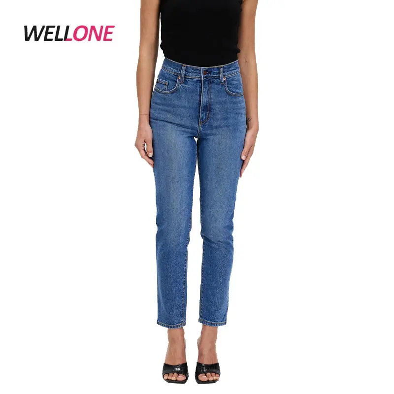 Jeans elasticizzati di alta qualità Slim a vita alta lunghezza alla caviglia classico Denim blu lavaggio bottone con gambo pantaloni Jeans da donna personalizzati da donna