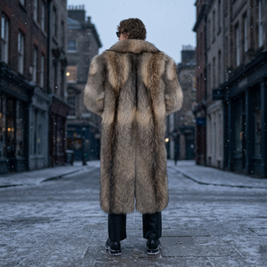 Stylish Men's Brown North Long Fox Fur Overcoat Parka with Lapel WoolSilk Material <b>Waterproof</b> Reversible Anti-Wrinkle Breathable - Product Image 3