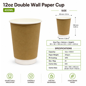 12oz Double Wall Eco-Friendly Food Grade Paper <b>Cup</b> for Hot Coffee Drinks Custom Printed <b>Disposable</b> Biodegradable Take Away Lid - Product Image 2