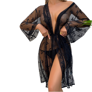 Sexy Spitzen-Netzstoff Spandex/Nylon Fischgrätmuster Atmungsaktives Maschinenwaschbares Nachthemd Verführerische Lingerie Strickjacke Pyjama für Damen - Product Image 4