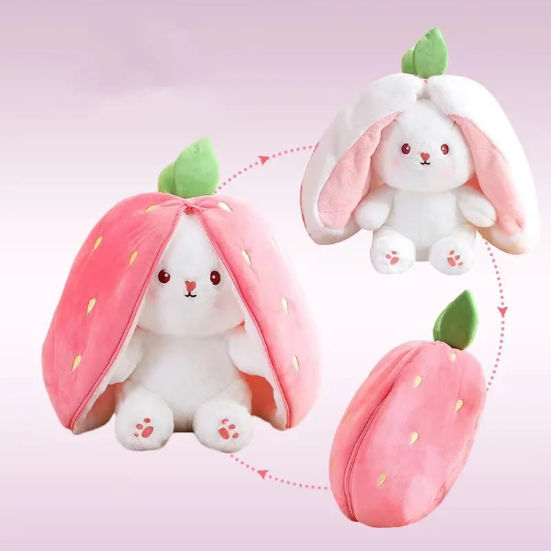 고품질 귀여운 딸기 토끼 봉제 완구 부드러운 플립 인형 토끼 동물 아기 봉제 인형 어린이 소녀 선물