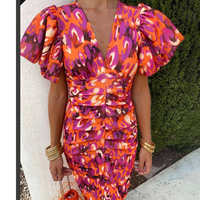 Robe plissée midi personnalisée, col en V, manches bouffantes, imprimé floral, taille ajustée, pour soirée, vacances, rendez-vous, élégante, marque privée, faible MOQ
