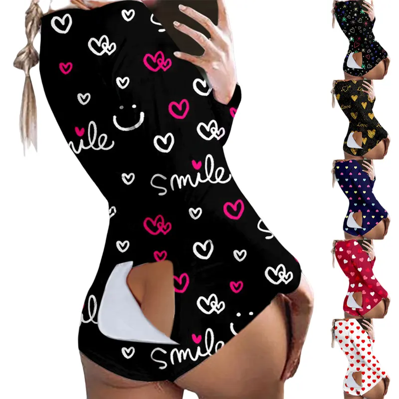 Custom Logo Lange Mouw Plus Size Volwassen Gedrukt Bodysuit Onesie Vrouwen Valentines Nachtkleding Onesie Met Butt Flap Pyjama