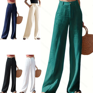 <span class=keywords><strong>Pantalon</strong></span> décontracté pour femme, coupe large, en <span class=keywords><strong>lin</strong></span>, taille haute, <span class=keywords><strong>effet</strong></span> amincissant, jambe droite verticale - Product Image 2