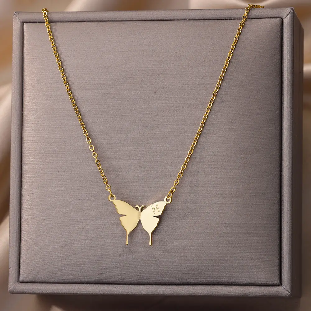 Lateefah 18K Gold PVD Plated Delicate Cute Girls Jewelry Stainless Steel Shiny Gold Butterfly Pendant Necklace