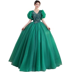 V-neck Chiffon Ball Gown Empire Waistline Vintage Evening Dress For Women Dark Green And Red Long Puffy Skirt Performance Wear - Product Image 5