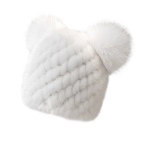 Damen Wollmischung Handbestickte Gestrickte Mütze mit Nerz- & Fuchsfell-Bommel für Reisen und als Geschenk