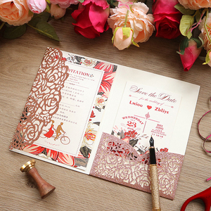 Invitations de <span class=keywords><strong>mariage</strong></span> de luxe personnalisées Kits de cartes découpées au laser Invitations de <span class=keywords><strong>mariage</strong></span> de poche <span class=keywords><strong>rose</strong></span> creuse avec enveloppes - Product Image 3