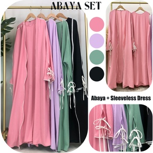 1446+6595# New Popular 2 PCS <b>Set</b> Crepe Split Lace up Sleeves White Line Abaya Match Loose Sleeveless Inner Dress Abaya Dress - Product Image 2