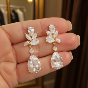 Orecchini pendenti romantici placcati in oro con strass di cristallo per gioielli da sposa da donna E2095 - Product Image 2