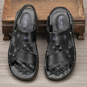 Solid <b>Flat</b> <b>Sandals</b> Men Genuine Leather Open Toe Rubber Outsole Anti Slip Casual Summer Wear Leather Logo - Product Image 4