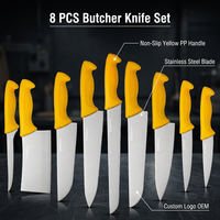 Ensemble de 8 couteaux de boucher OEM personnalisés en acier inoxydable avec manche en PP jaune pour la transformation de la viande en abattoir