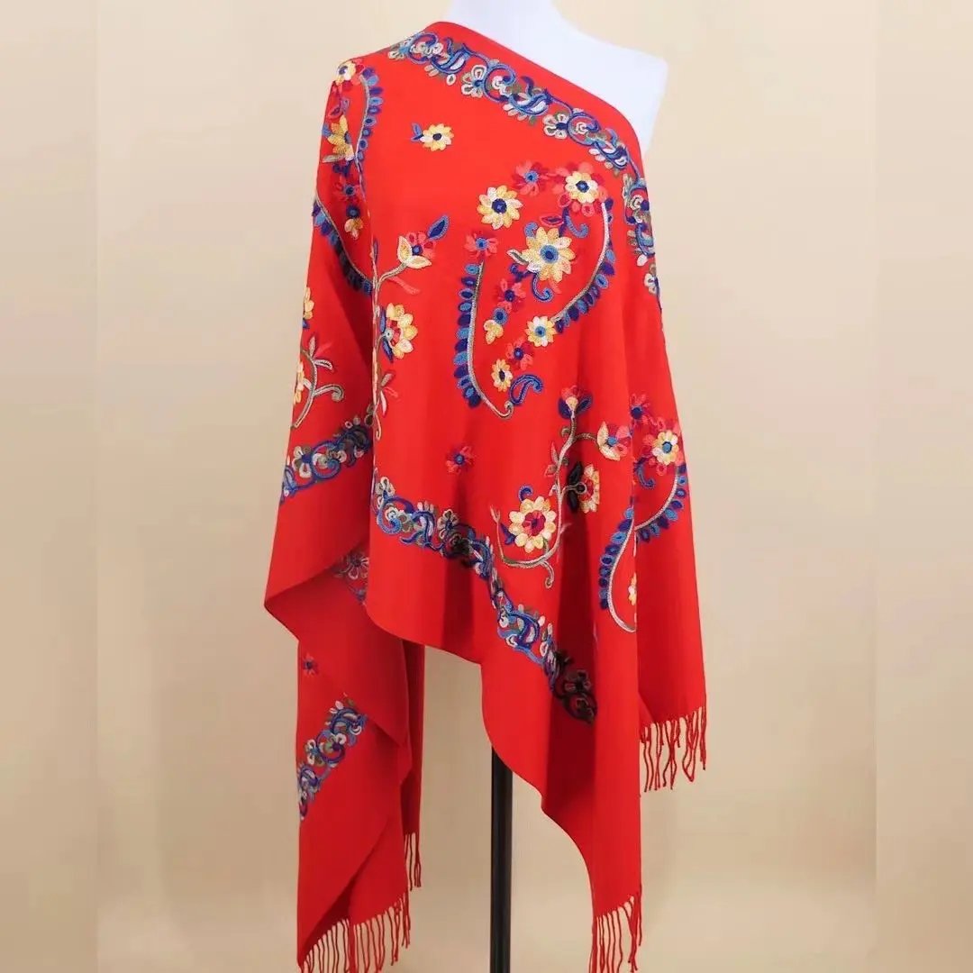 Nouveau designer usine vintage femme cachemire sentiment polyester fil châle étole hiver fleur broderie écharpe pashmina