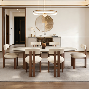 Ensemble de table à manger avec 6 chaises, table ovale à piétement, couleur crème, style moderne, 6 places, style nordique, importé, style japonais, longues tables à manger - Product Image 3