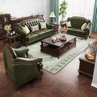 Minis Juego de Sofás Americanos Retro de Madera Maciza con Capa Superior de Cuero Vacuno Verde Oscuro, Relleno de Esponja, Forma Lineal para Sala de Estar