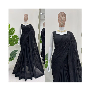Sari Moderno de Alta Calidad, 60 Gramos, Georgette Sintética, Detalles Bordados, Trabajo con Hilo de 5mm y Lentejuelas, para Fiestas y Bodas, Venta al Por Mayor - Product Image 3
