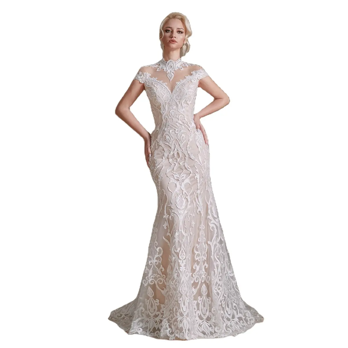 2022 New Style Collar Cap Sleeve Fit and Flare Champagne Lace Women Wedding Dresses for Brides at Wholesale Price