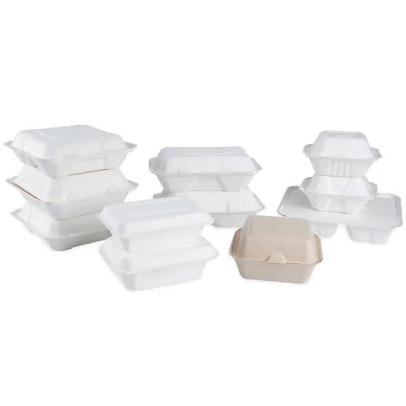 Take Out Food Containers com Clamshell Hinged Lid 100% Compostable Biodegradável Sugarcane Bagasse food container