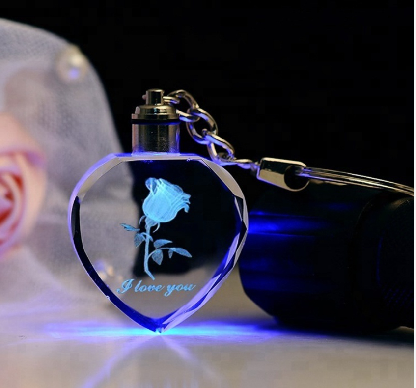 Hot Sale Led Crystal Heart Keychain Glass With Multi colored Light