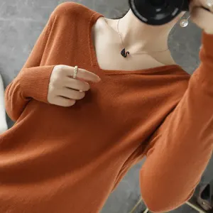 Winter Fall Custom Logo V Neck Knitted Knitwear Top Long Sleeve Fashion Casual Design Knit Pullover Women Sweater