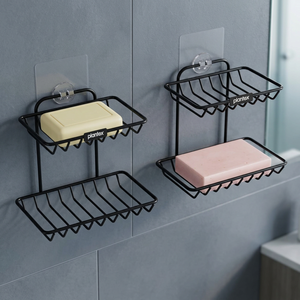 Estante de metal de doble nivel para jabón, soporte de almacenamiento para baño autoadhesivo montado en la pared, diseño minimalista, color negro - Product Image 4