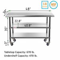 Table de travail commerciale en acier inoxydable NSF, bord arrondi, table de préparation mobile avec roulettes, établi robuste à deux niveaux pour boulangerie